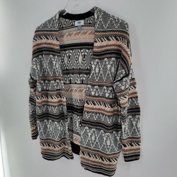 Old Navy Cardigan Women's Size Small Open Front Knit Aztec Geo Brown Black White - Picture 2 of 7